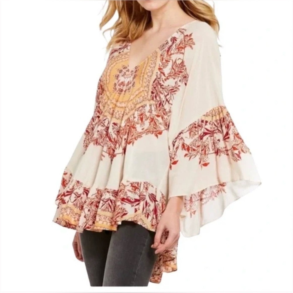 Free People-Sunset Dreams Ruffled Bell Sleeved Flowy Tunic Top-Boho-Size S